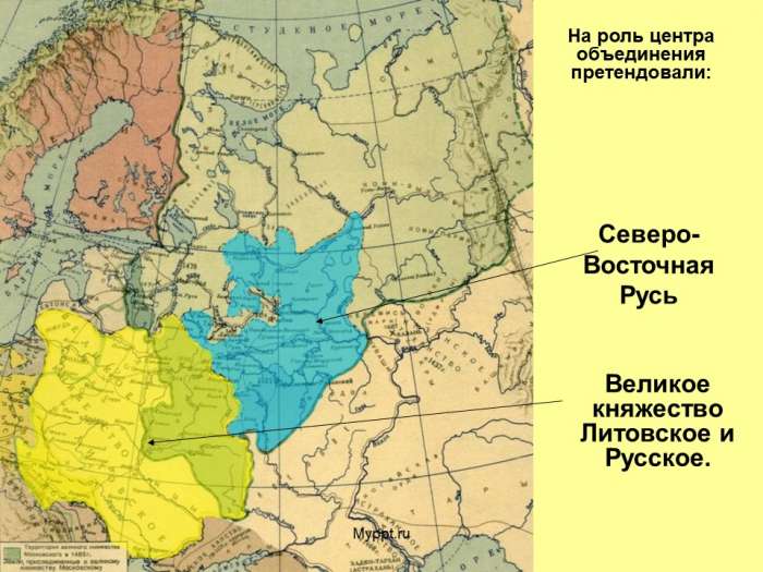На роль центра объединения претендовали:  Северо- Восточная Русь  Великое княжество Литовское и Русское.