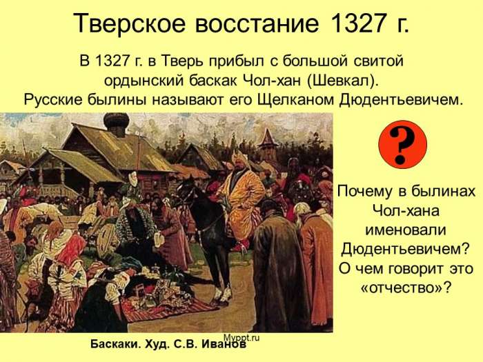 Тверское восстание 1327 г.  В 1327 г. в Тверь прибыл с большой свитой ордынский баскак Чол-хан (Шевкал). Русские былины называют его Щелканом Дюдентьевичем.