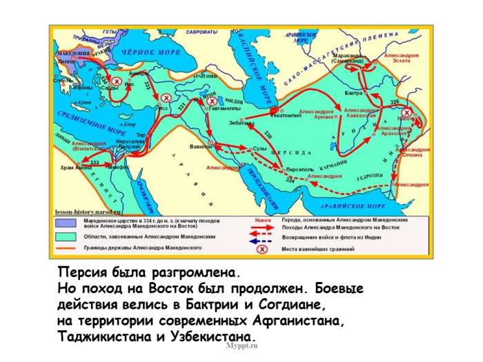 Персия была разгромлена.  Но поход на Восток был продолжен. Боевые действия велись в Бактрии и Согдиане,  на территории современных Афганистана, Таджикистана и Узбекистана.