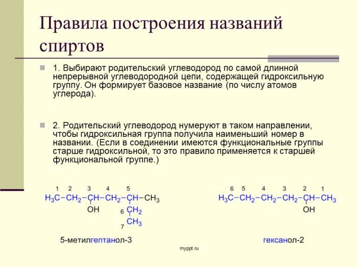 Правила построения названий спиртов  1. Выбирают родительский углеводород по самой длинной непрерывной углеводородной цепи, содержащей гидроксильную группу. Он формирует базовое название (по числу атомов углерода).