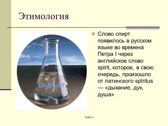 Слово спирт появилось в русском языке во времена Петра I через английское слово spirit, которое, в свою очередь, произошло от латинского spīritus — «дыхание, дух, душа»