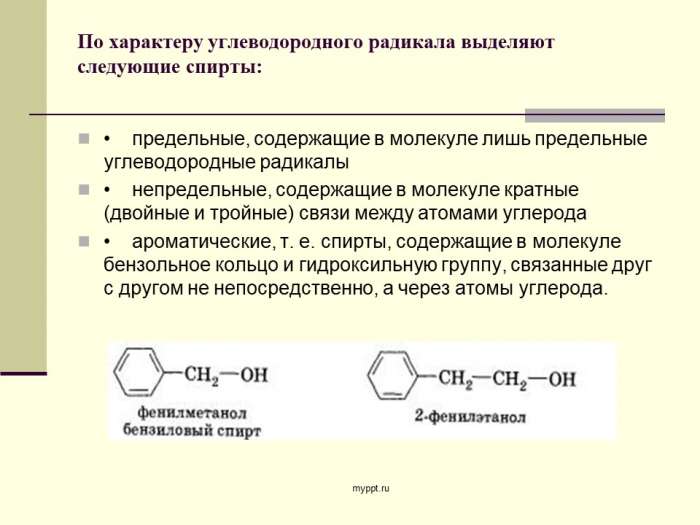 По характеру углеводородного радикала выделяют следующие спирты:  • предельные, содержащие в молекуле лишь предельные углеводородные радикалы  • непредельные, содержащие в молекуле кратные (двойные и тройные) связи между атомами углерода  • ароматические, т. е. спирты, содержащие в молекуле бензольное кольцо и гидроксильную группу, связанные друг с другом не непосредственно, а через атомы углерода.