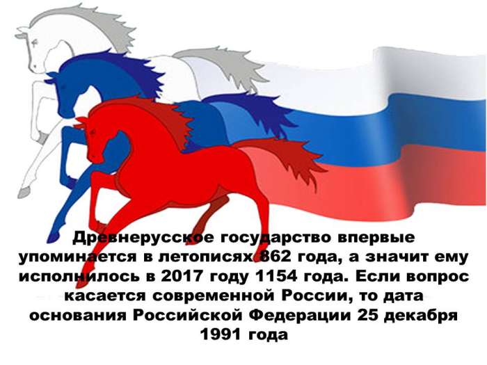 Древнерусское государство впервые упоминается в летописях 862 года, а значит ему исполнилось в 2017 году 1154 года. Если вопрос касается современной России, то дата основания Российской Федерации 25 декабря 1991 года.