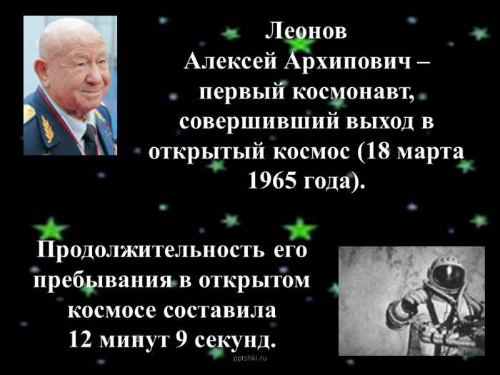 Леонов  Алексей Архипович – первый космонавт, совершивший выход в открытый космос (18 марта 1965 года).  Продолжительность его пребывания в открытом космосе составила  12 минут 9 секунд.