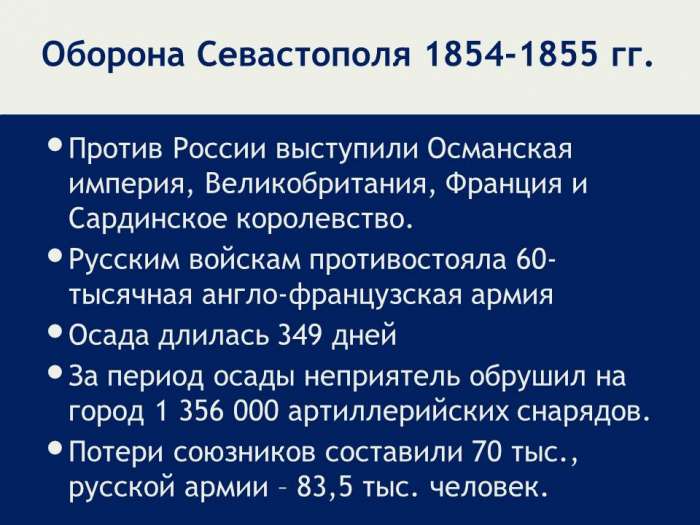 Оборона Севастополя 1854-1855 Оборона Севастополя 1854-1855 гг. Против России выступили Османская империя, Великобритания, Франция и Сардинское королевство. Русским войскам противостояла 60-тысячная англо-французская армия Осада длилась 349 дней За период осады неприятель обрушил на город 1 356 000 артиллерийских снарядов.  Потери союзников составили 70 тыс., русской армии – 83,5 тыс. человек.