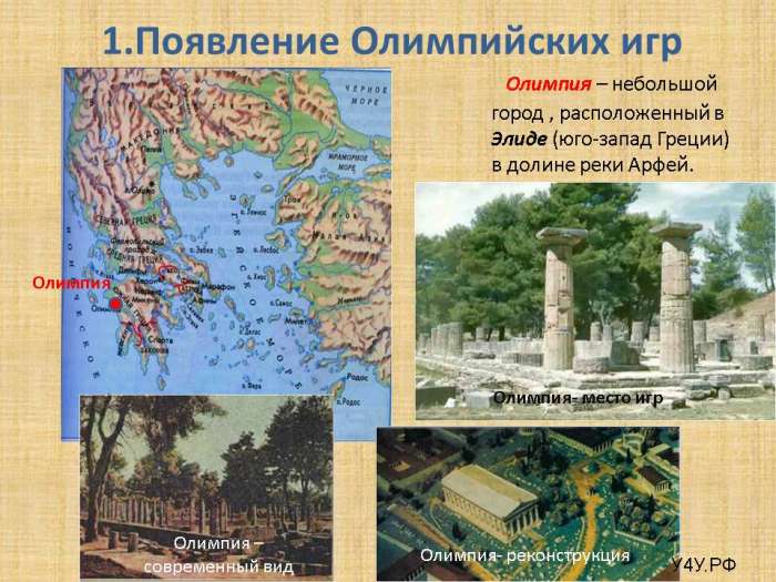 Олимпия – небольшой город , расположенный в Элиде (юго-запад Греции) в долине реки Арфей.