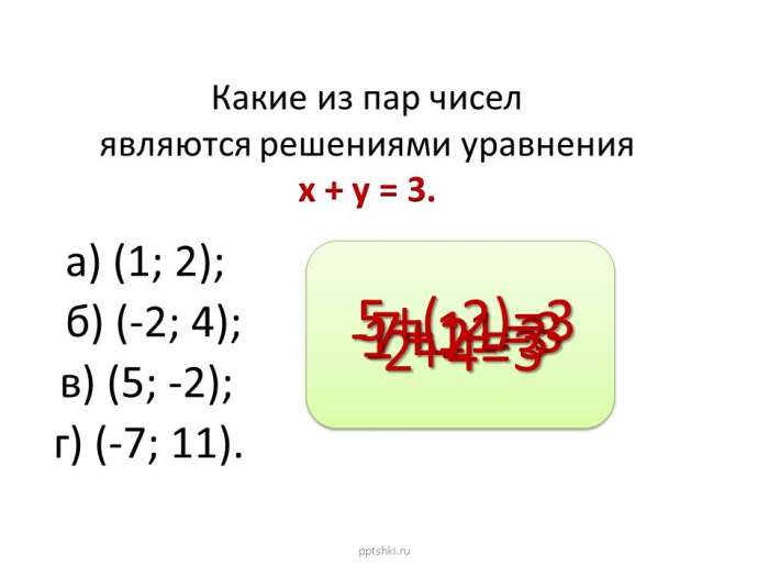 Какие из пар чисел являются решениями уравнения х + у = 3.  а) (1; 2);  -7+11=3  1+2=3  -2+4=3  5+(-2)=3  б) (-2; 4);  в) (5; -2);  г) (-7; 11).