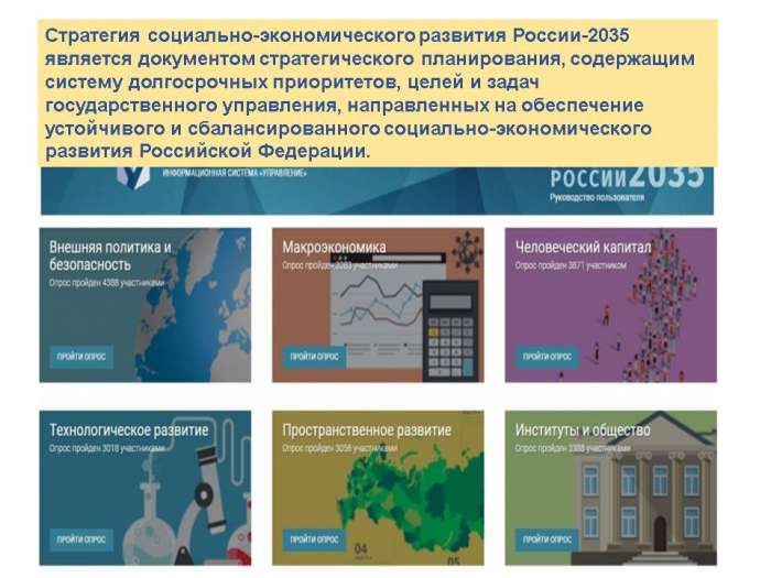 Стратегия социально-экономического развития России-2035 является документом стратегического планирования, содержащим систему долгосрочных приоритетов, целей и задач государственного управления, направленных на обеспечение устойчивого и сбалансированного социально-экономического развития Российской Федерации.
