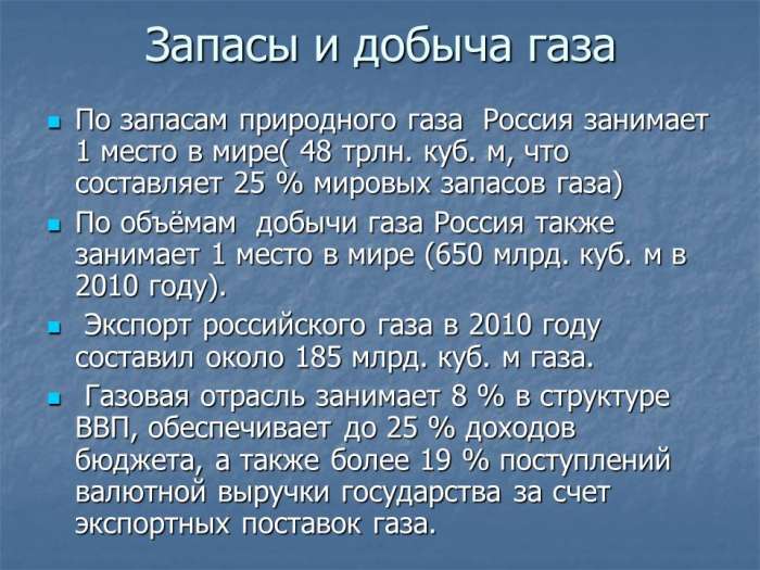 Запасы и добыча газа По запасам природного газа  Россия занимает 1 место в мире( 48 трлн. куб. м, что  составляет 25 % мировых запасов газа)