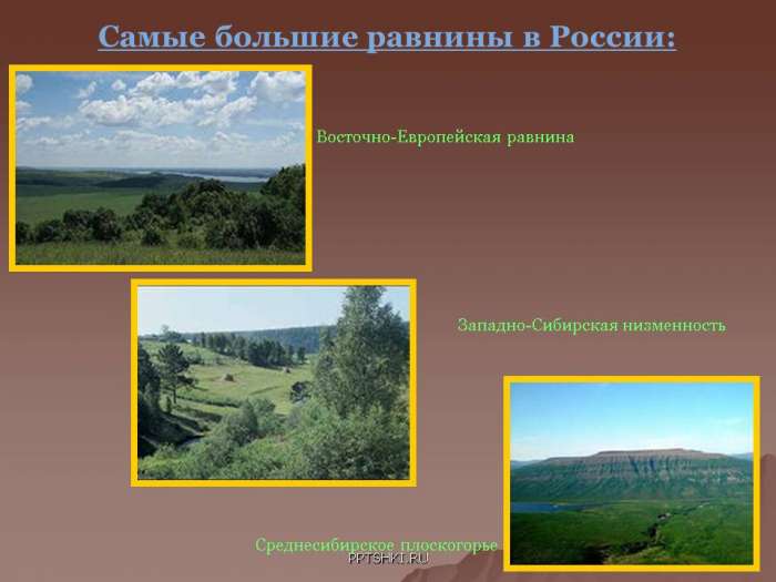 Самые большие равнины в России:  Восточно-Европейская равнина  Западно-Сибирская низменность  Среднесибирское плоскогорье
