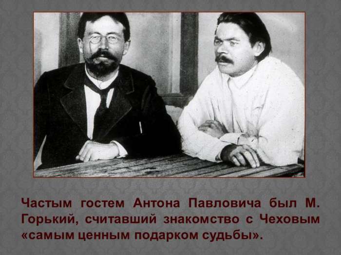 Частым гостем Антона Павловича был М. Горький, считавший знакомство с Чеховым «самым ценным подарком судьбы».